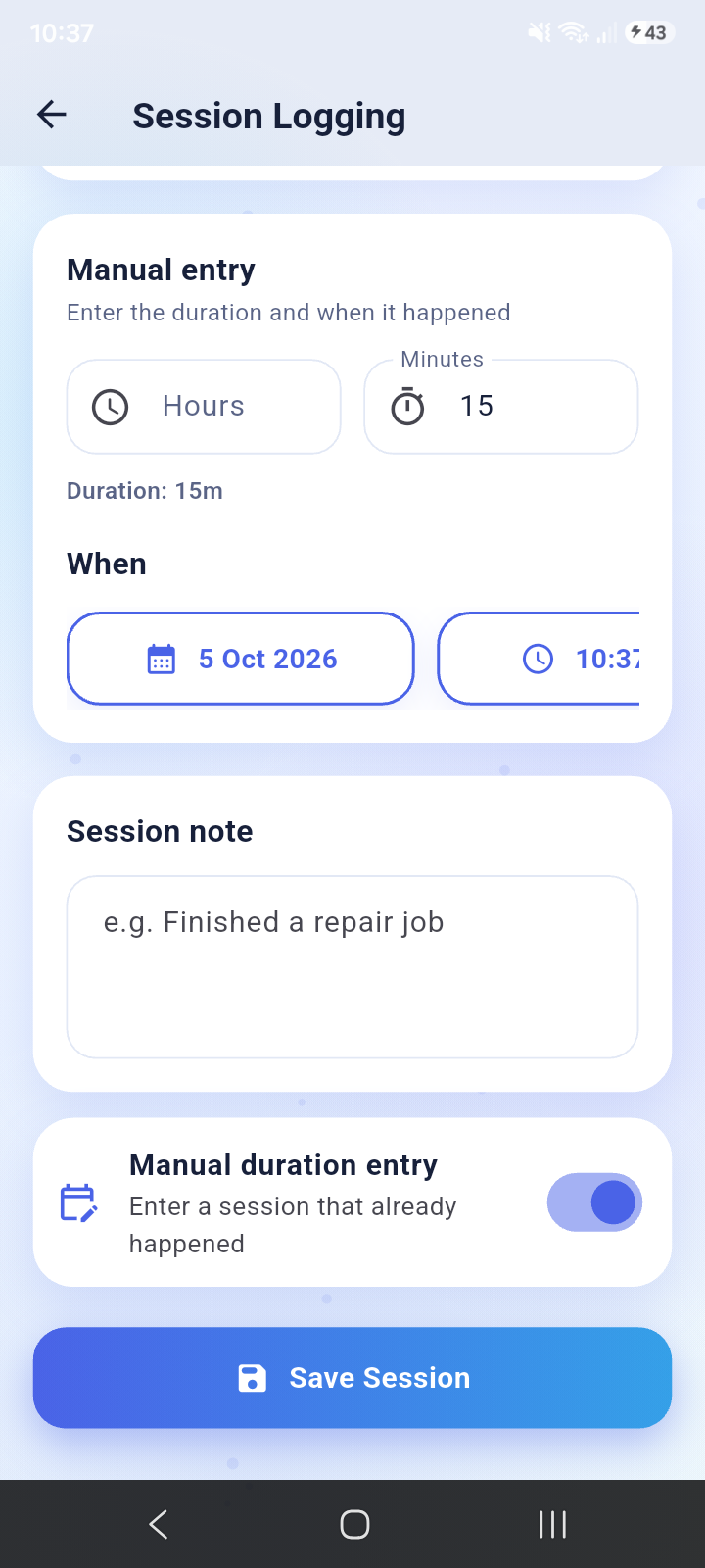 Session logging screen
